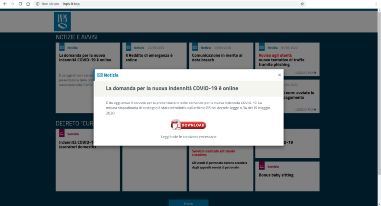 Malware su phishing INPS per indennità Covid-19