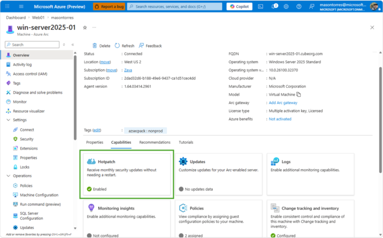 Hotpatching gratuito per Windows Server 2025 con Azure Arc: guida all’abilitazione