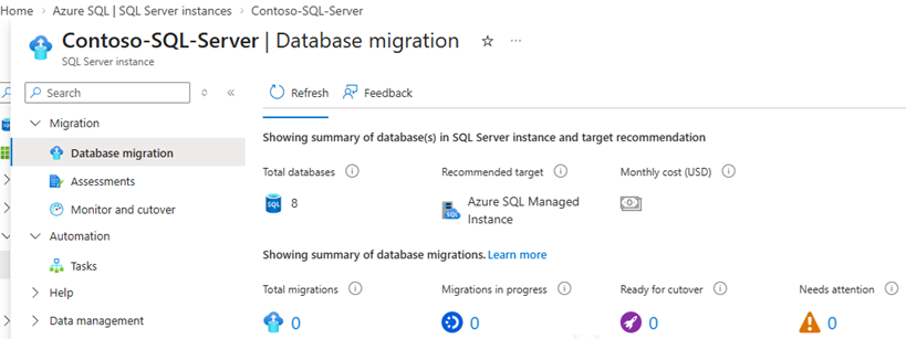 Pannello di riepilogo della migrazione database nel portale Azure