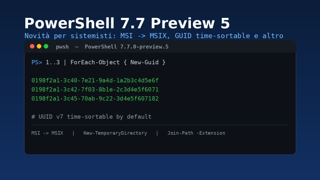 Terminale PowerShell 7.7 Preview 5 con esempio di New-Guid che genera UUID v7 time-sortable
